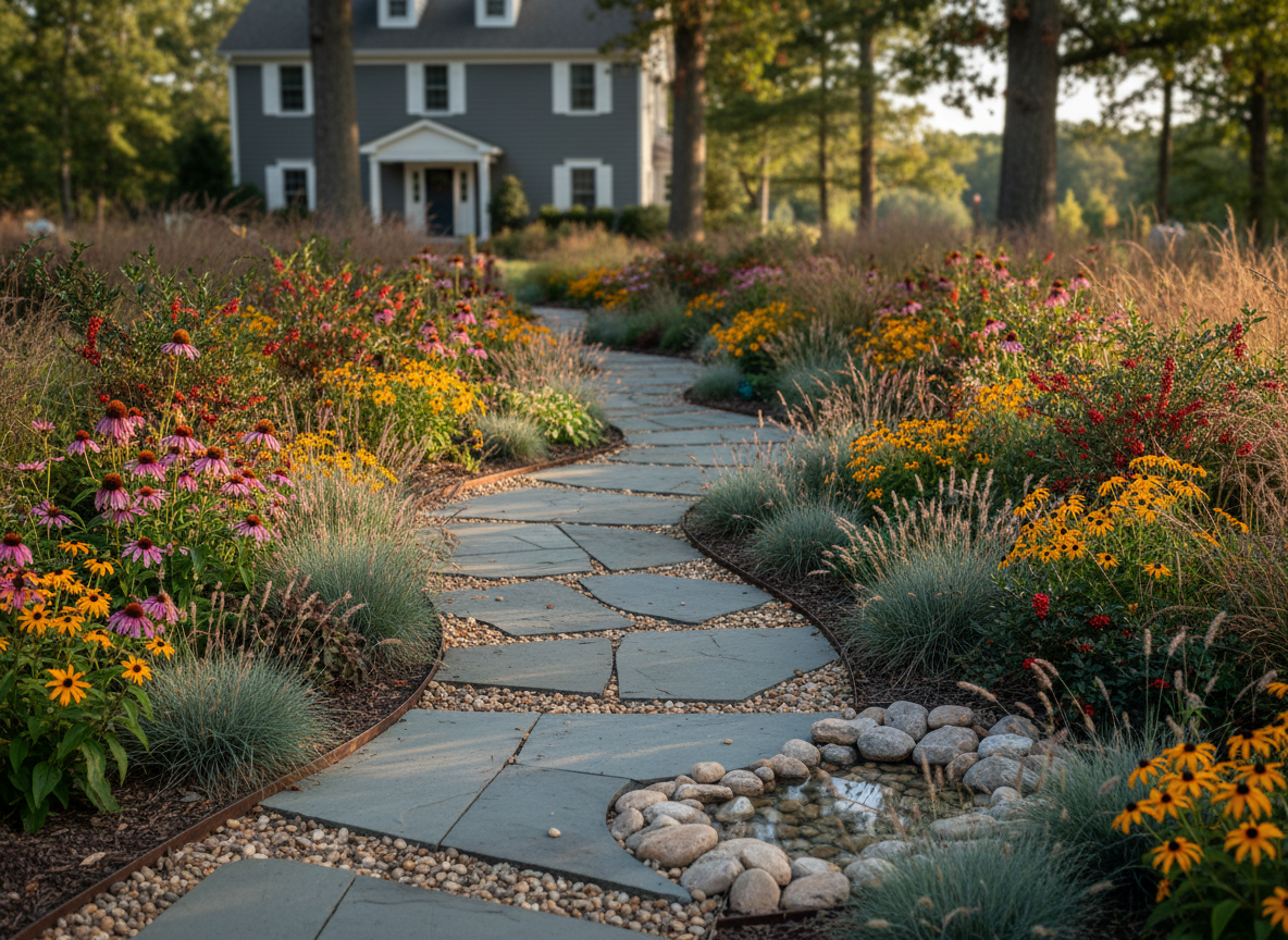 A lush Maryland front yard transformed into a native plant oasis, featuring layered drifts of coneflower, black-eyed Susan, little bluestem, and winterberry shrubs surrounding a sinuous permeable stone path. The planting beds are edged with clean steel edging and a small, shallow wildlife-friendly basin filled with smooth river stones. Soft late-afternoon natural light casts warm highlights on seed heads and textured foliage, with gentle shadows defining the curves of the path. Photographic realism at eye level, composed using the rule of thirds to emphasize the inviting path and habitat-rich plantings. The mood is welcoming and serene, conveying an elegant, ecologically grounded residential landscape that feels both designed and natural.